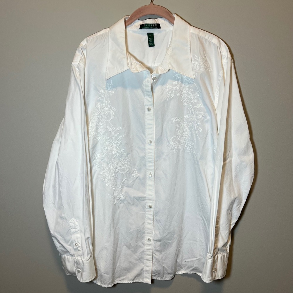Lauren Ralph Lauren White Cotton Paisley Embroidered Button Down Shirt 3X